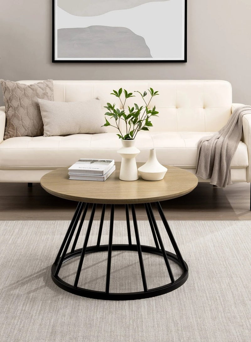 Mobellya Round Coffee Table with wooden top and Black Metal Cage Base - Minimalist Design - Image 2
